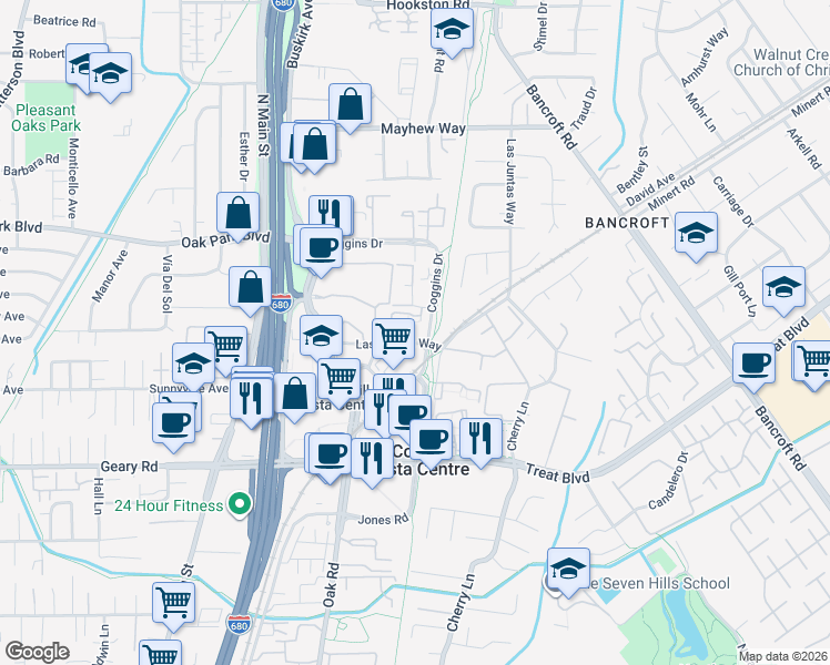 map of restaurants, bars, coffee shops, grocery stores, and more near 1316 Las Juntas Way in Walnut Creek