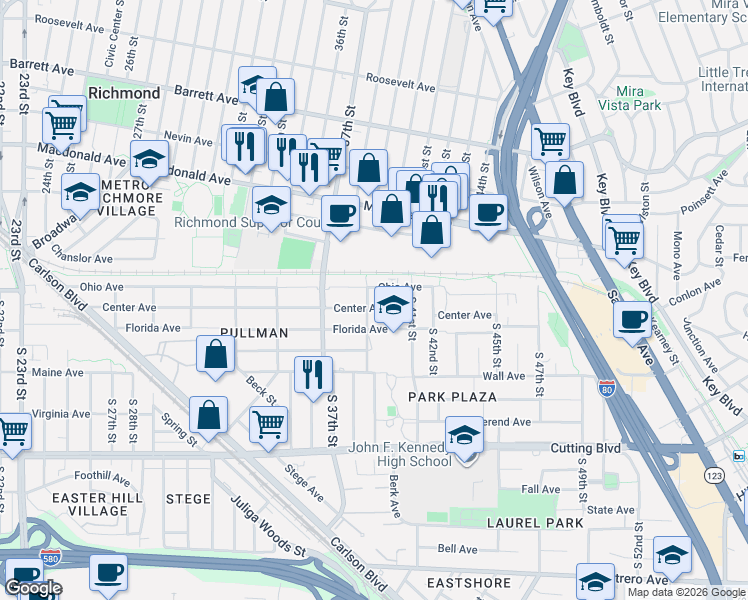 map of restaurants, bars, coffee shops, grocery stores, and more near 120 South 39th Street in Richmond