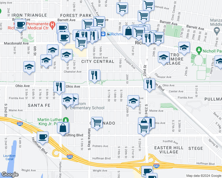 map of restaurants, bars, coffee shops, grocery stores, and more near 110 South 17th Street in Richmond