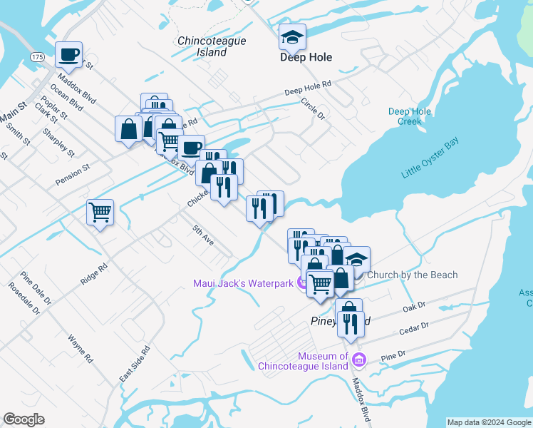 map of restaurants, bars, coffee shops, grocery stores, and more near 6372 Teal Lane in Chincoteague