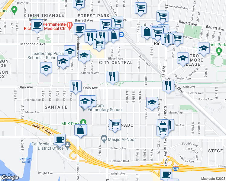 map of restaurants, bars, coffee shops, grocery stores, and more near 113 South 15th Street in Richmond