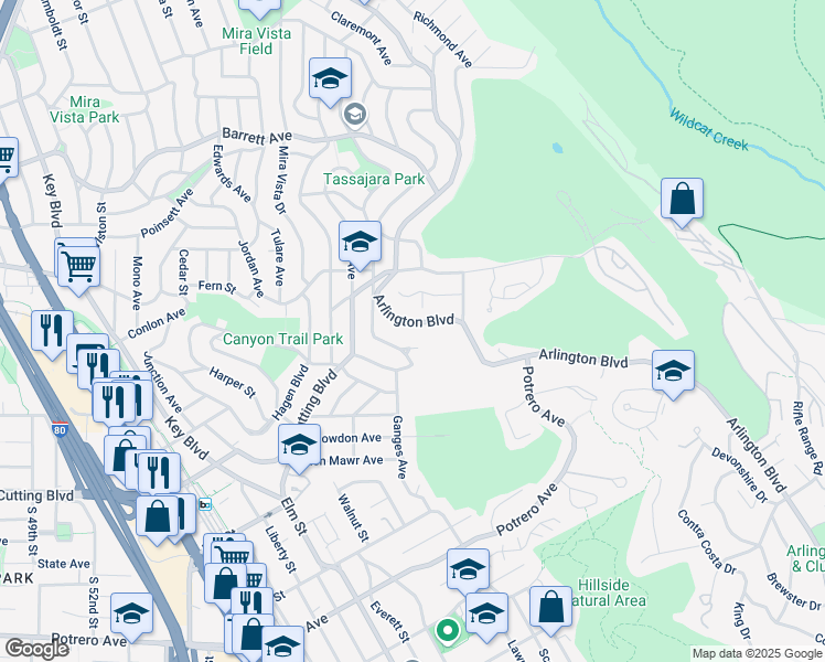 map of restaurants, bars, coffee shops, grocery stores, and more near 1831 Arlington Boulevard in El Cerrito