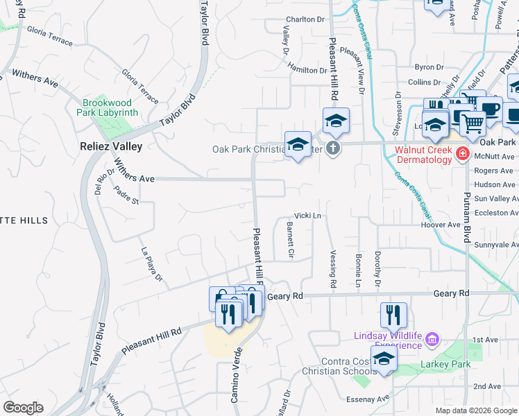 map of restaurants, bars, coffee shops, grocery stores, and more near 1700 Pleasant Hill Road in Pleasant Hill