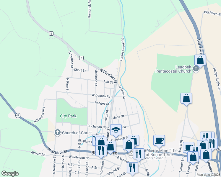 map of restaurants, bars, coffee shops, grocery stores, and more near 516 Stone Street in Bonne Terre