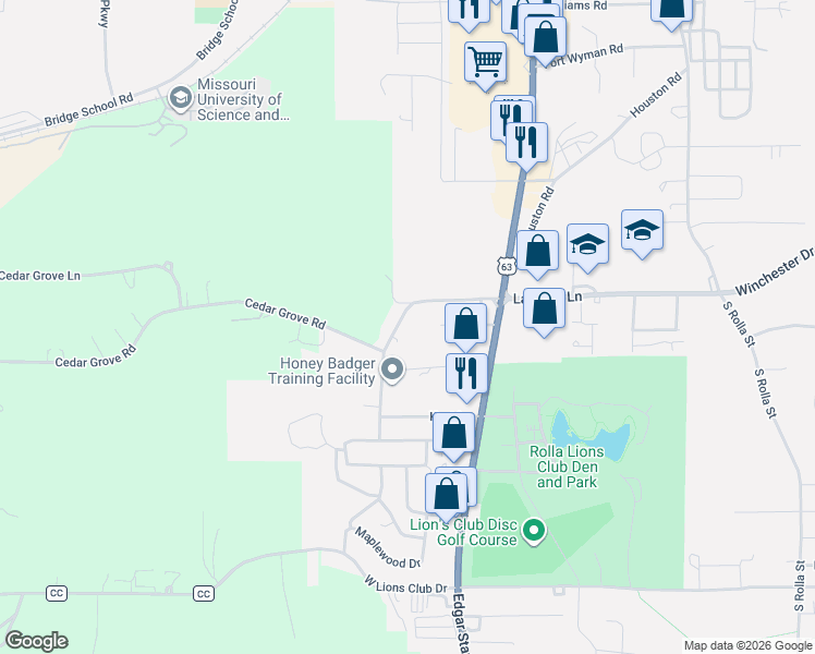 map of restaurants, bars, coffee shops, grocery stores, and more near 903 Parkwood Drive in Rolla