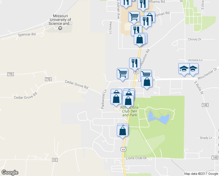 map of restaurants, bars, coffee shops, grocery stores, and more near 903 Parkwood Drive in Rolla
