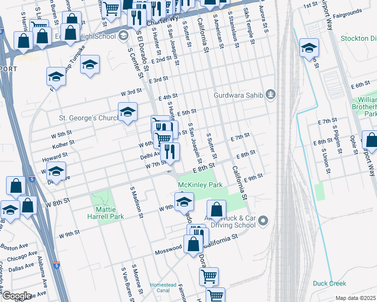 map of restaurants, bars, coffee shops, grocery stores, and more near 302 East 7th Street in Stockton