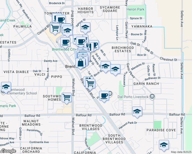 map of restaurants, bars, coffee shops, grocery stores, and more near 217 Delta Avenue in Brentwood