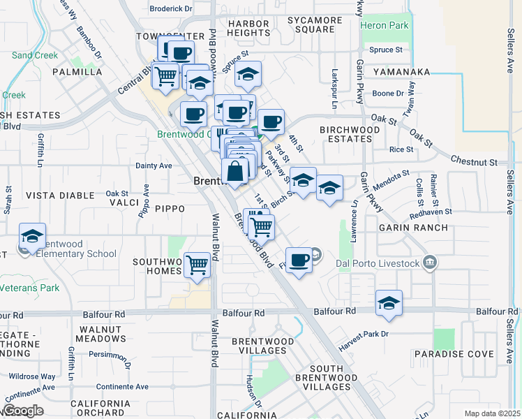map of restaurants, bars, coffee shops, grocery stores, and more near 319 Birch Street in Brentwood