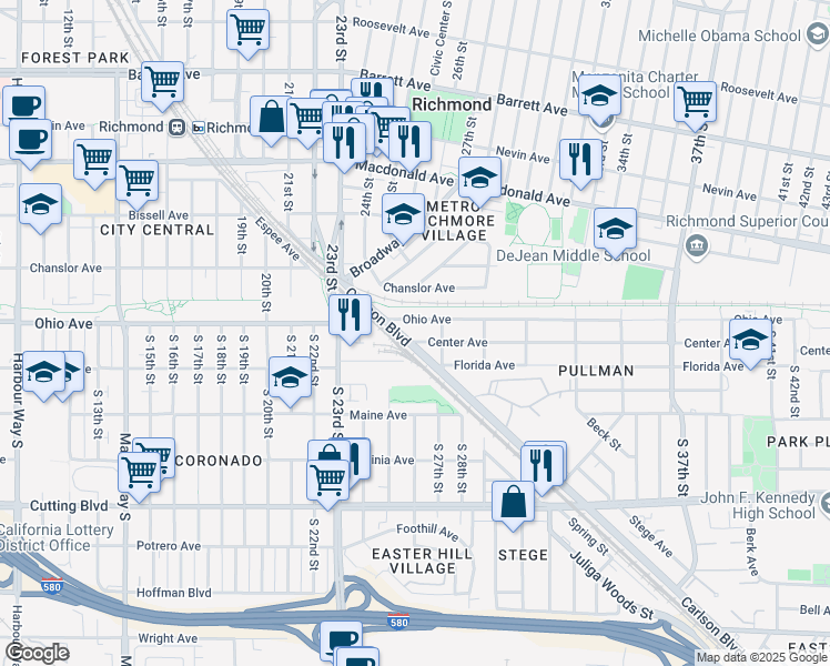 map of restaurants, bars, coffee shops, grocery stores, and more near 2520 Ohio Avenue in Richmond