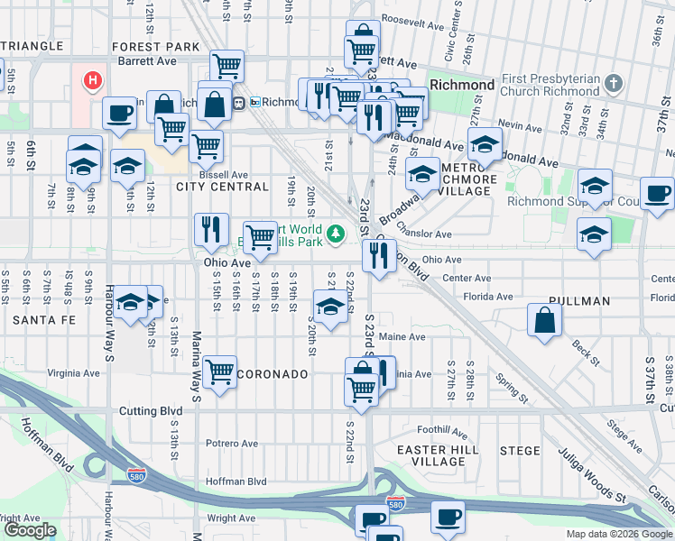 map of restaurants, bars, coffee shops, grocery stores, and more near 2120 Ohio Avenue in Richmond