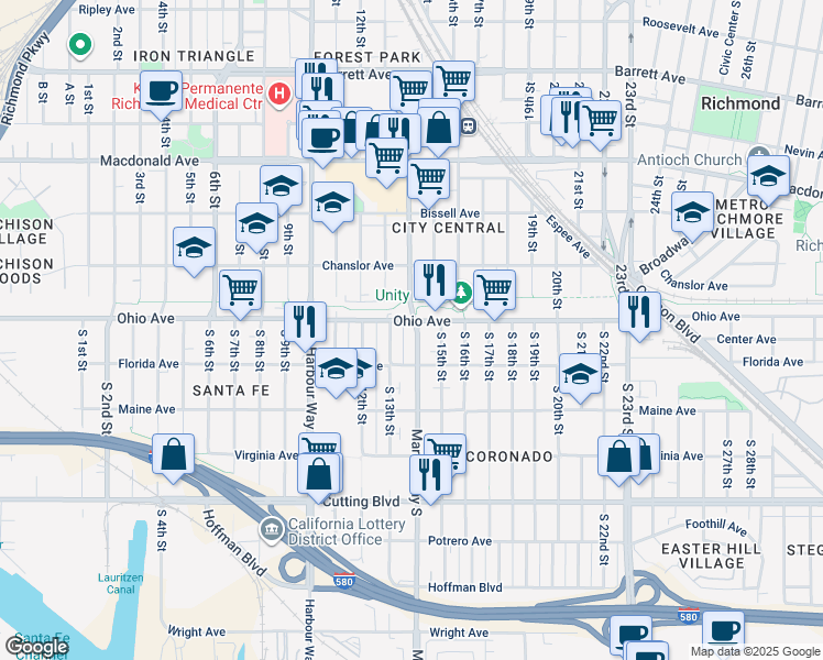 map of restaurants, bars, coffee shops, grocery stores, and more near 1413 Ohio Avenue in Richmond