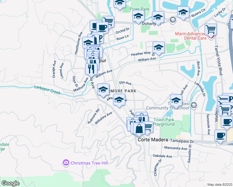 map of restaurants, bars, coffee shops, grocery stores, and more near 22 Acacia Avenue in Larkspur