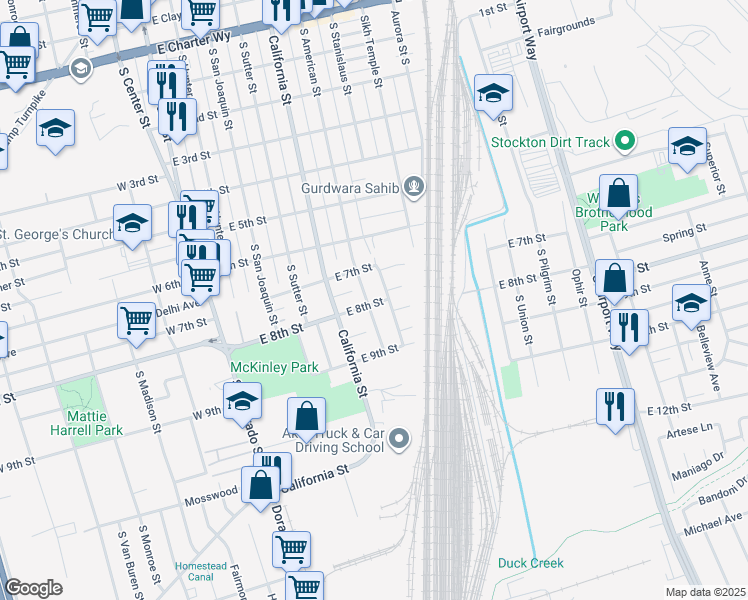 map of restaurants, bars, coffee shops, grocery stores, and more near 2160 South American Street in Stockton
