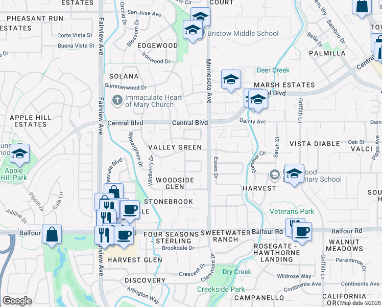 map of restaurants, bars, coffee shops, grocery stores, and more near 757 Valley Green Drive in Brentwood