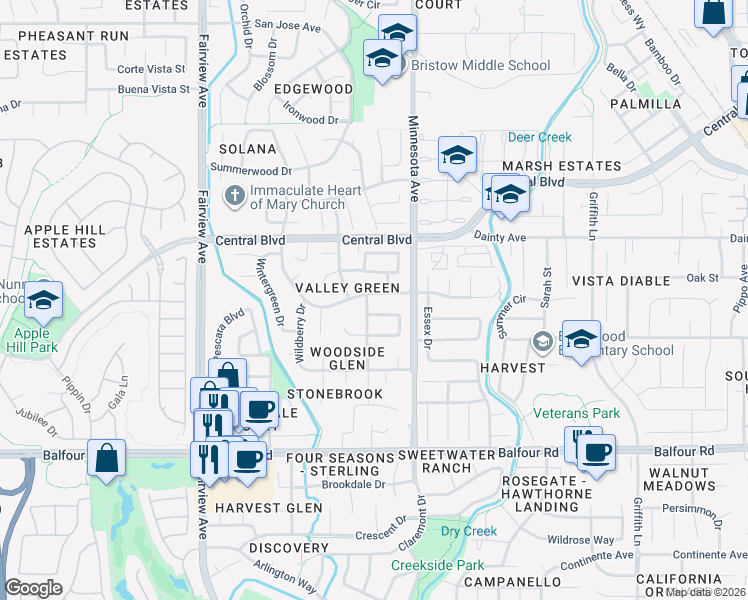 map of restaurants, bars, coffee shops, grocery stores, and more near 757 Valley Green Drive in Brentwood