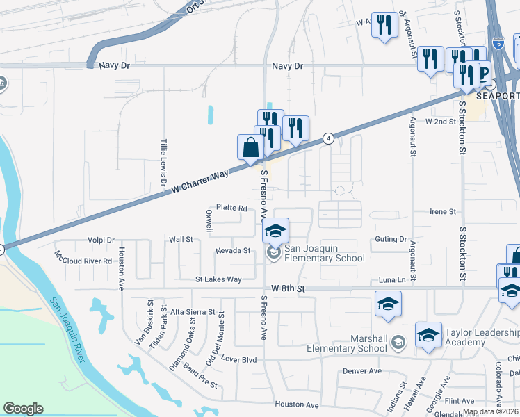 map of restaurants, bars, coffee shops, grocery stores, and more near 1806 Longdon Dr in Stockton