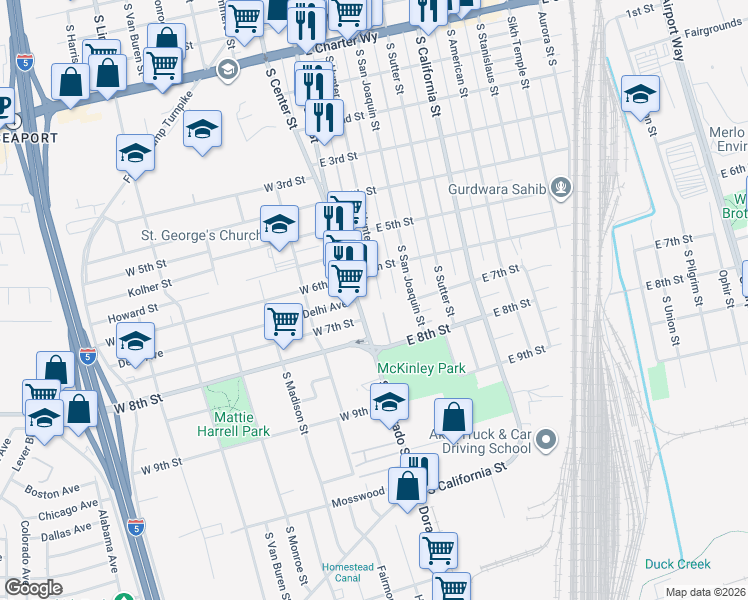 map of restaurants, bars, coffee shops, grocery stores, and more near 2049 South Hunter Street in Stockton