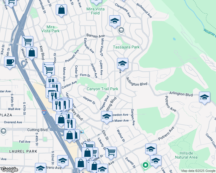 map of restaurants, bars, coffee shops, grocery stores, and more near 2027 Mira Vista Drive in El Cerrito