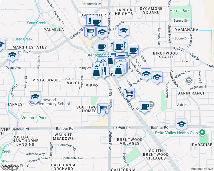 map of restaurants, bars, coffee shops, grocery stores, and more near 615 Indiana Avenue in Brentwood
