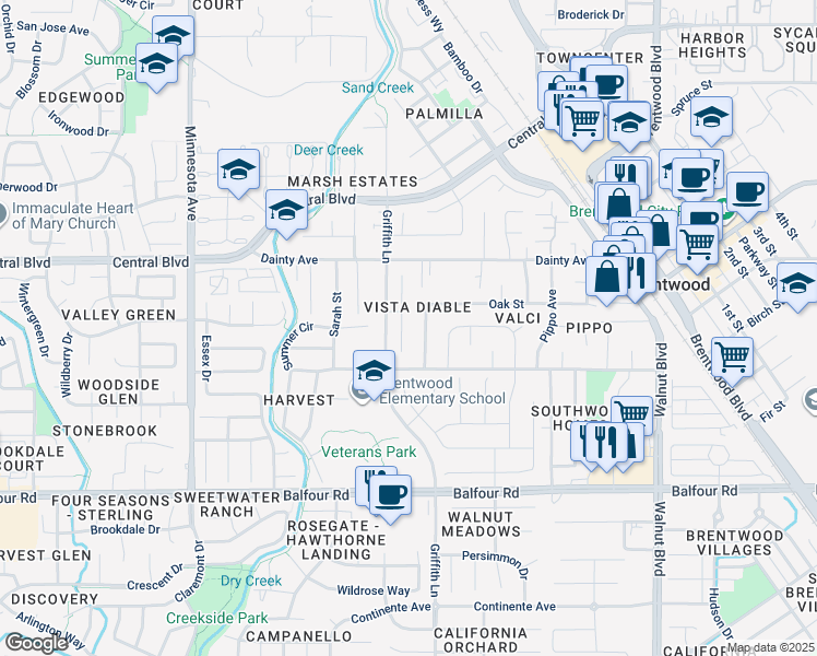 map of restaurants, bars, coffee shops, grocery stores, and more near 630 Heather Place in Brentwood
