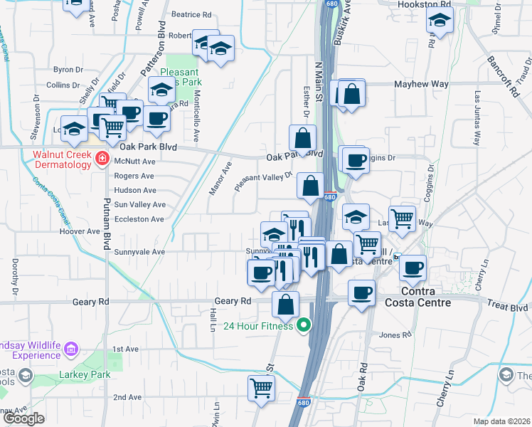 map of restaurants, bars, coffee shops, grocery stores, and more near 154 Vía Del Sol in Walnut Creek