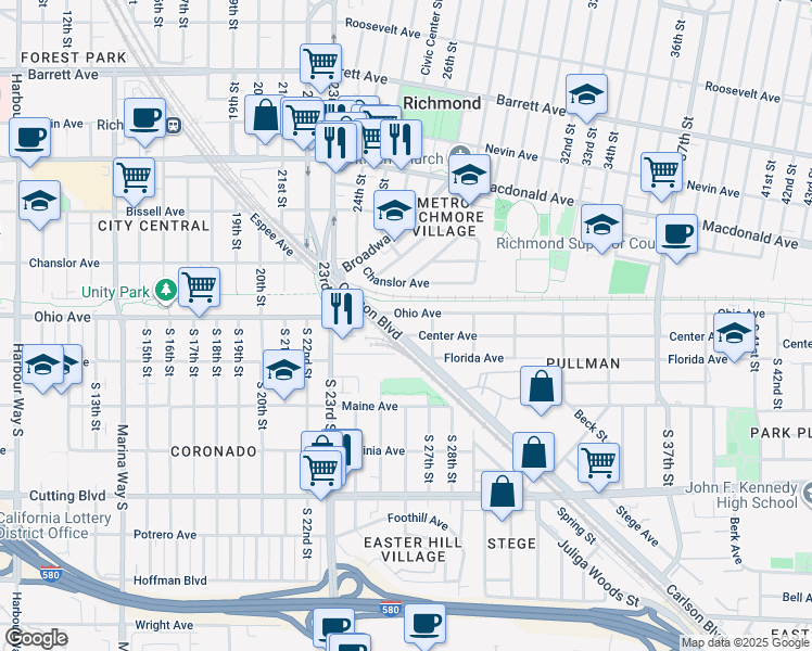 map of restaurants, bars, coffee shops, grocery stores, and more near 2520 Ohio Avenue in Richmond