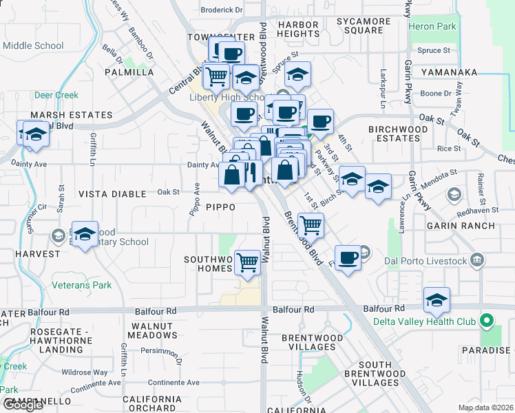 map of restaurants, bars, coffee shops, grocery stores, and more near 615 Indiana Avenue in Brentwood