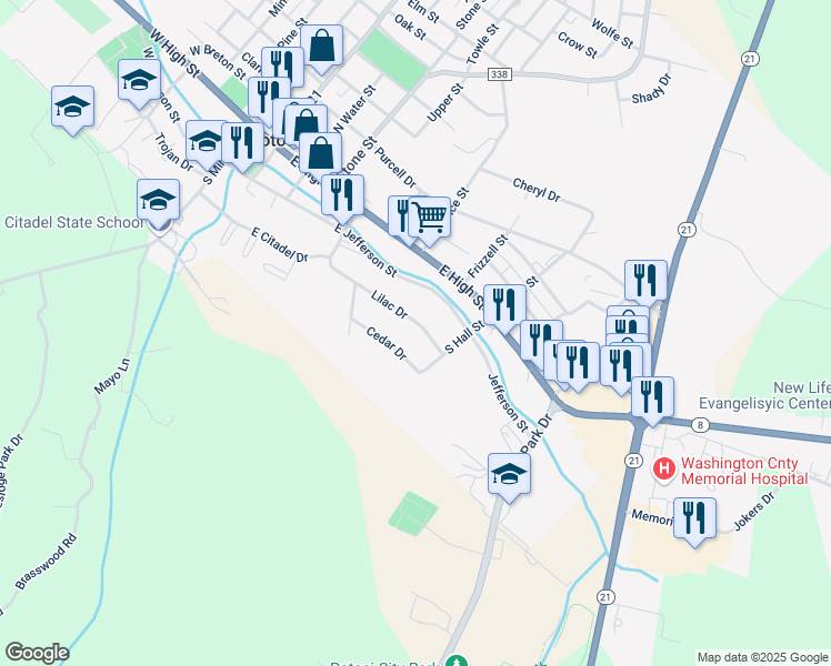 map of restaurants, bars, coffee shops, grocery stores, and more near 312 Cedar Drive in Potosi