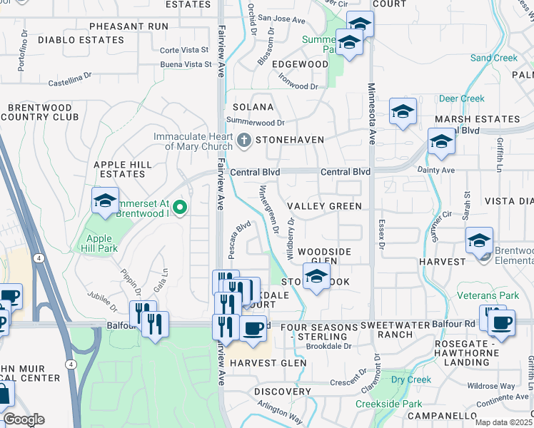 map of restaurants, bars, coffee shops, grocery stores, and more near 355 Wintergreen Drive in Brentwood