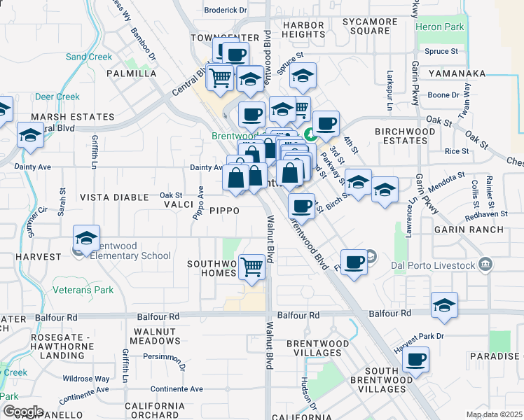 map of restaurants, bars, coffee shops, grocery stores, and more near 615 Indiana Avenue in Brentwood
