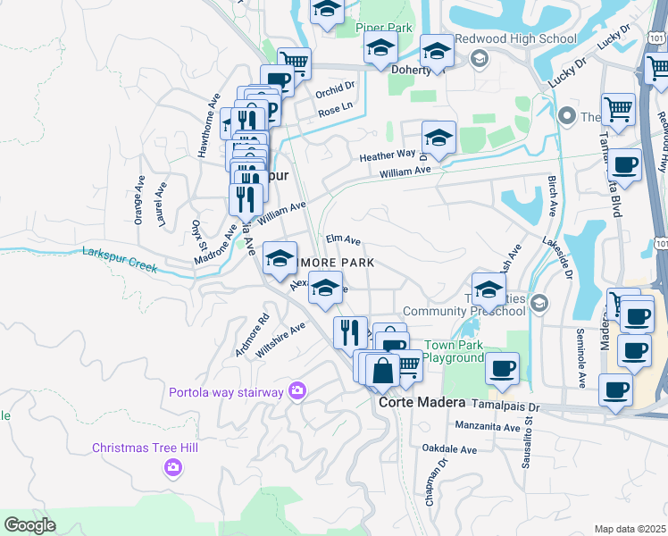 map of restaurants, bars, coffee shops, grocery stores, and more near 22 Acacia Avenue in Larkspur