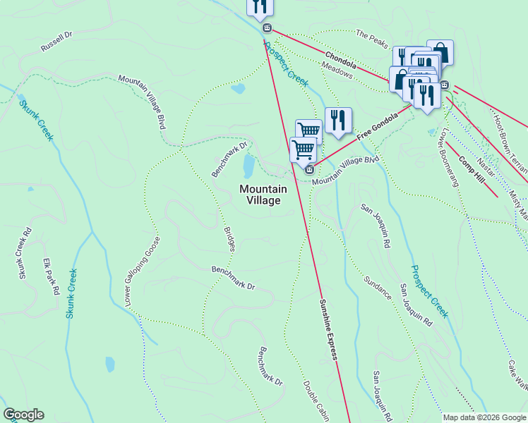 map of restaurants, bars, coffee shops, grocery stores, and more near 101-113 Gold Hill Ct in Mountain Village