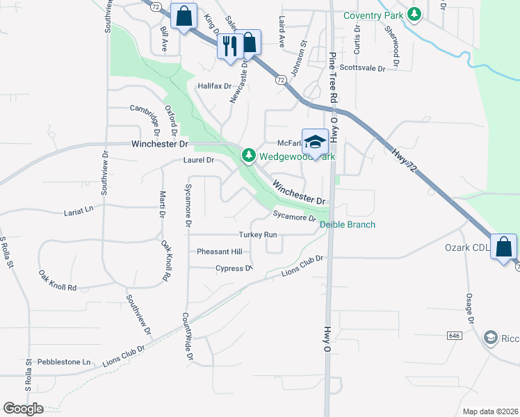 map of restaurants, bars, coffee shops, grocery stores, and more near 1204 Sycamore Drive in Rolla