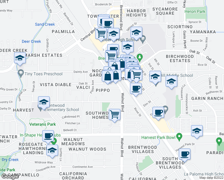 map of restaurants, bars, coffee shops, grocery stores, and more near 654 Indiana Avenue in Brentwood