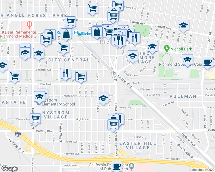 map of restaurants, bars, coffee shops, grocery stores, and more near 2120 Ohio Avenue in Richmond