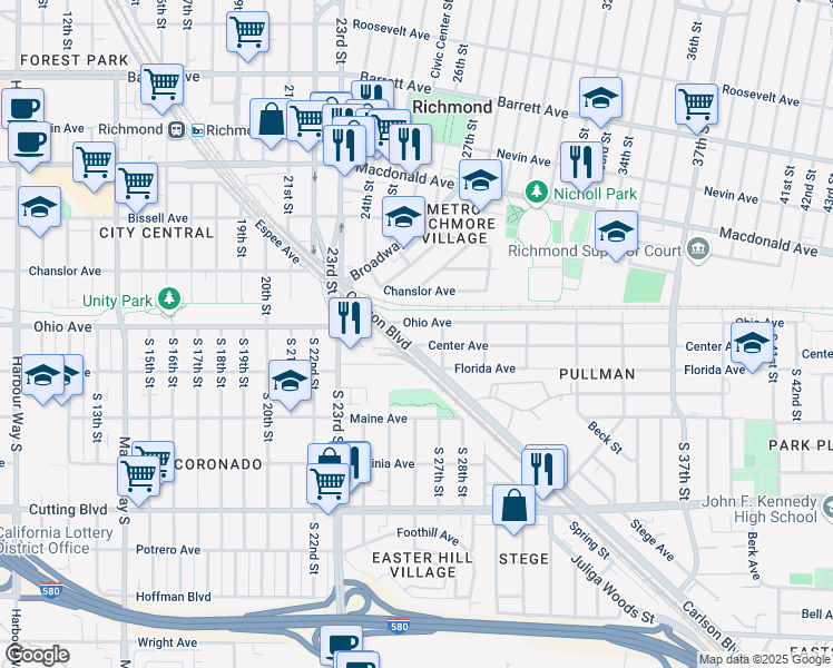 map of restaurants, bars, coffee shops, grocery stores, and more near 2520 Ohio Avenue in Richmond