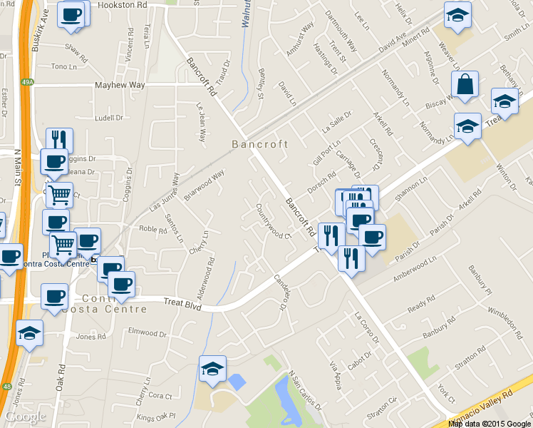 map of restaurants, bars, coffee shops, grocery stores, and more near 1792 Countrywood Court in Walnut Creek