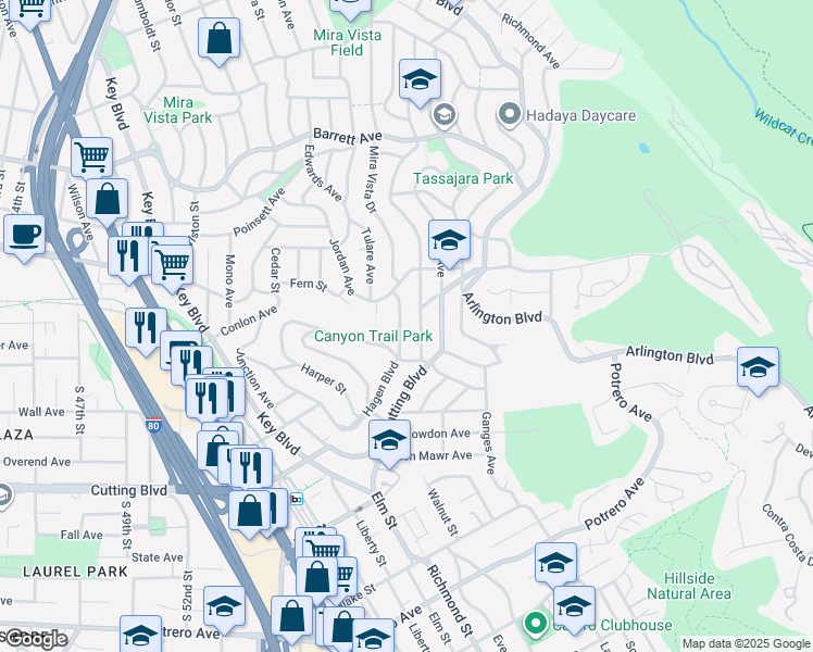 map of restaurants, bars, coffee shops, grocery stores, and more near 2028 Mira Vista Drive in El Cerrito