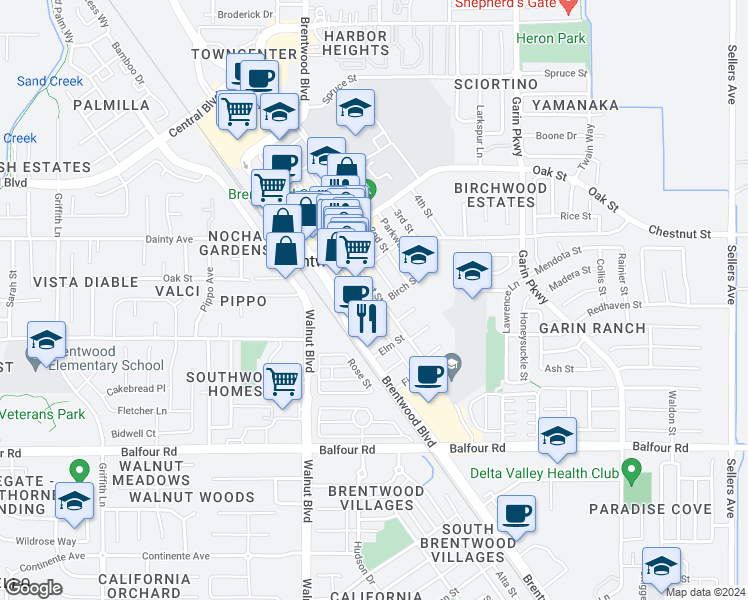map of restaurants, bars, coffee shops, grocery stores, and more near 301 Birch Street in Brentwood