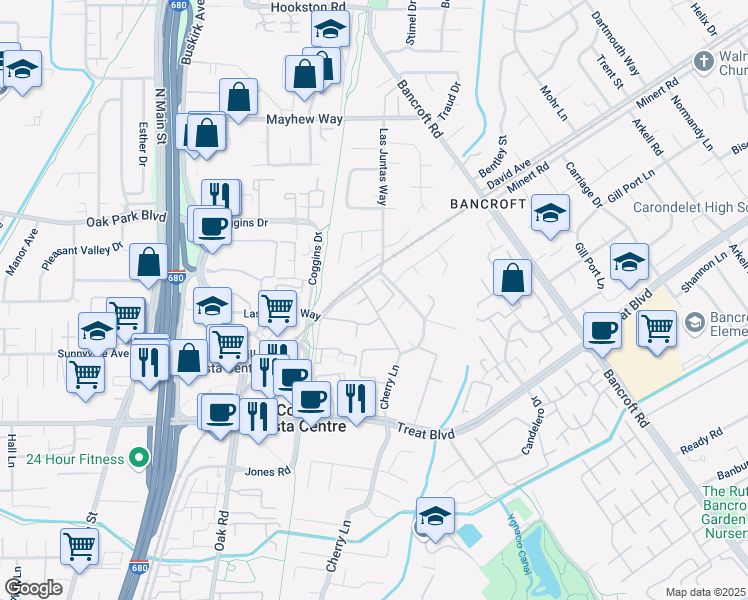 map of restaurants, bars, coffee shops, grocery stores, and more near 2976 Santos Lane in Walnut Creek