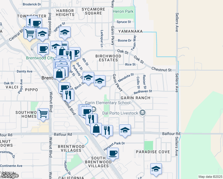 map of restaurants, bars, coffee shops, grocery stores, and more near 234 Lawrence Lane in Brentwood