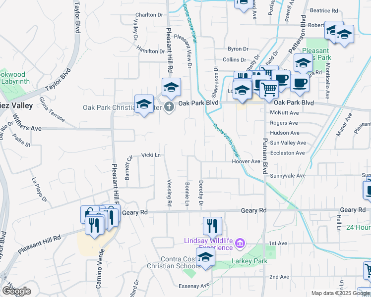map of restaurants, bars, coffee shops, grocery stores, and more near 14 Bonnie Place in Pleasant Hill