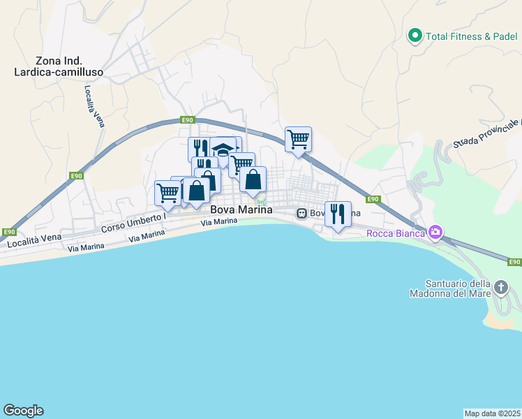 map of restaurants, bars, coffee shops, grocery stores, and more near Via Umberto I in Bova Marina