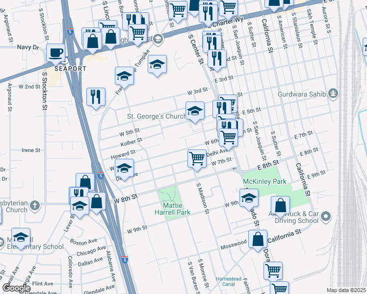 map of restaurants, bars, coffee shops, grocery stores, and more near 225 West 6th Street in Stockton