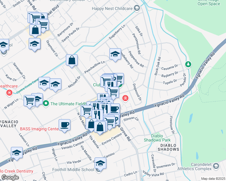 map of restaurants, bars, coffee shops, grocery stores, and more near 2210-2290 Oak Grove Road in Walnut Creek