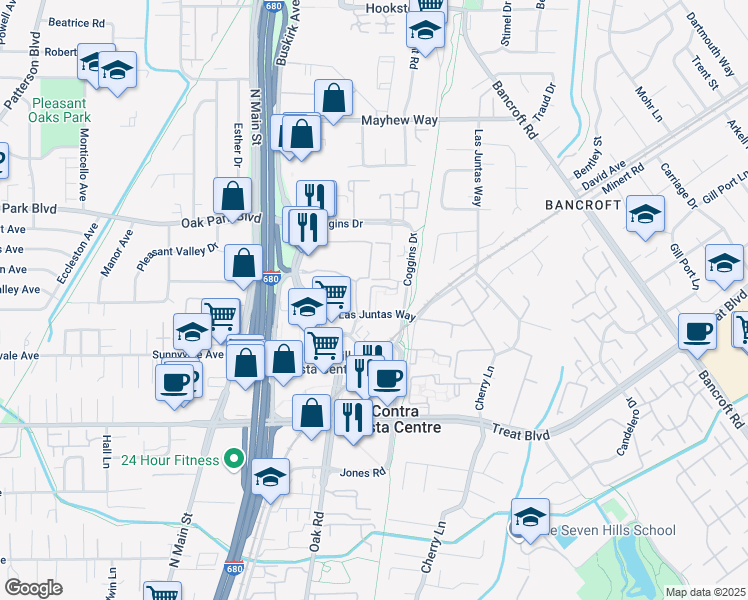 map of restaurants, bars, coffee shops, grocery stores, and more near 12 Iron Horse Lane in Walnut Creek