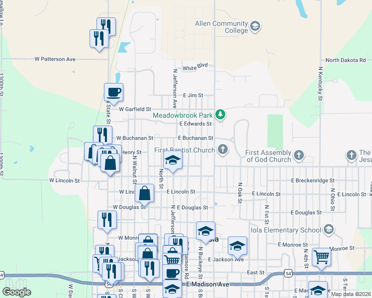 map of restaurants, bars, coffee shops, grocery stores, and more near 817-899 N Jefferson Ave in Iola