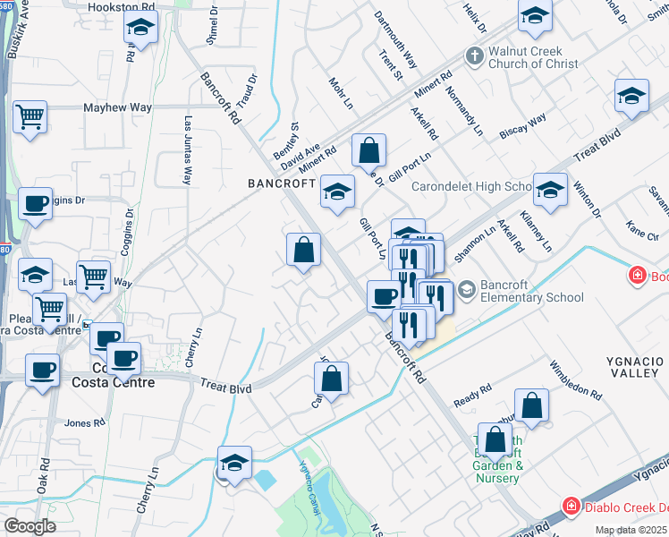map of restaurants, bars, coffee shops, grocery stores, and more near 1624 Countrywood Court in Walnut Creek