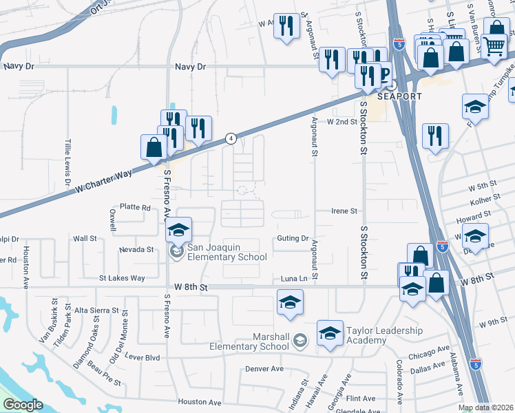 map of restaurants, bars, coffee shops, grocery stores, and more near 1413 Silverbell Drive in Stockton